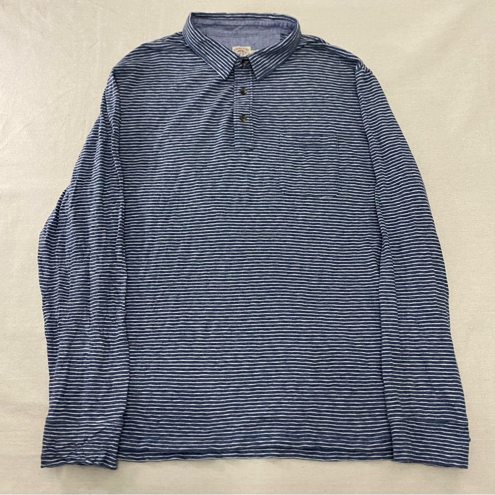 Faherty Henley Polo Shirt Mens XXL Blue White Striped Cotton Pocket Preppy